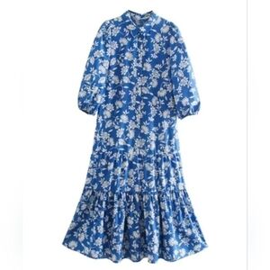 Zara Collared Floral Midi Dress Blue & White XS Ruffled Bottom 3/4 Sleeves